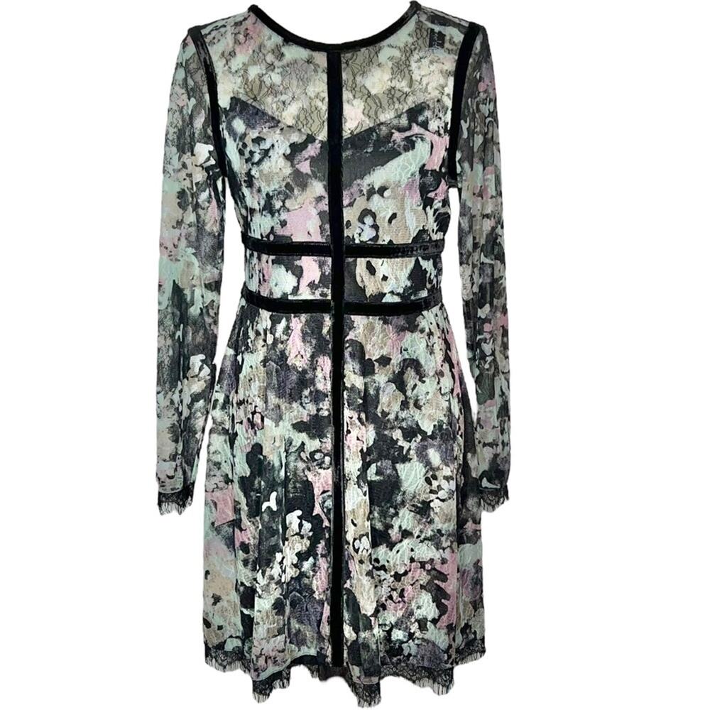 L NWT Fire Los Angeles Black Lace Overlay Velvet Cage Long Sleeve Empire Dress - Picture 3 of 11